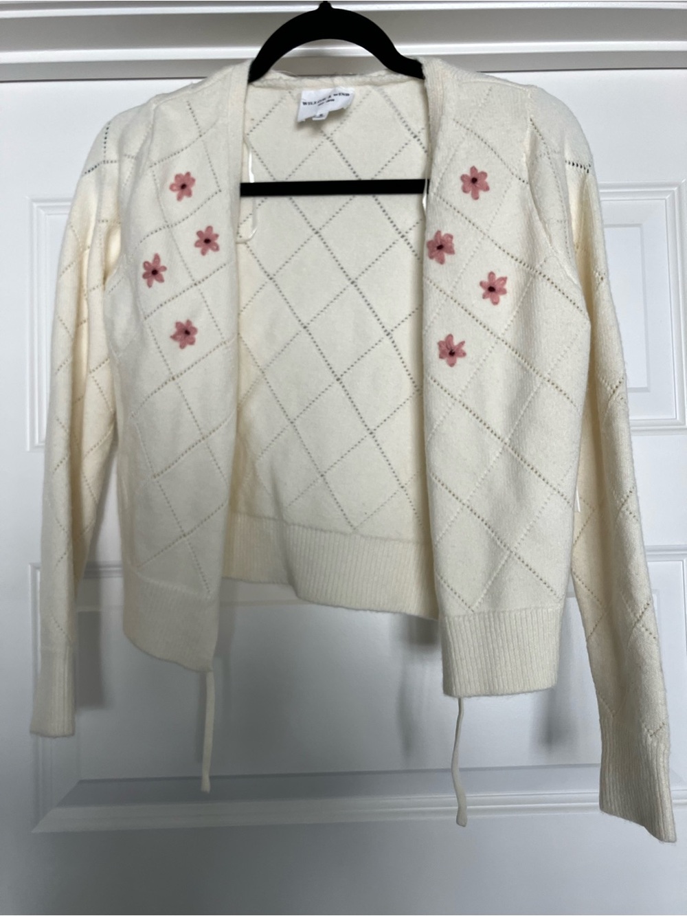 Willow & Wind Ivory Cardigan Sweater Small Embroidered Flowers in front 2026-725